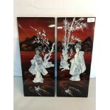 2 Oriental Mother of pearl and lacquered wall plaques depicting geisha girls. 48.5x20cm each