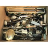 Box full of loose silver plated and EP flatware's.