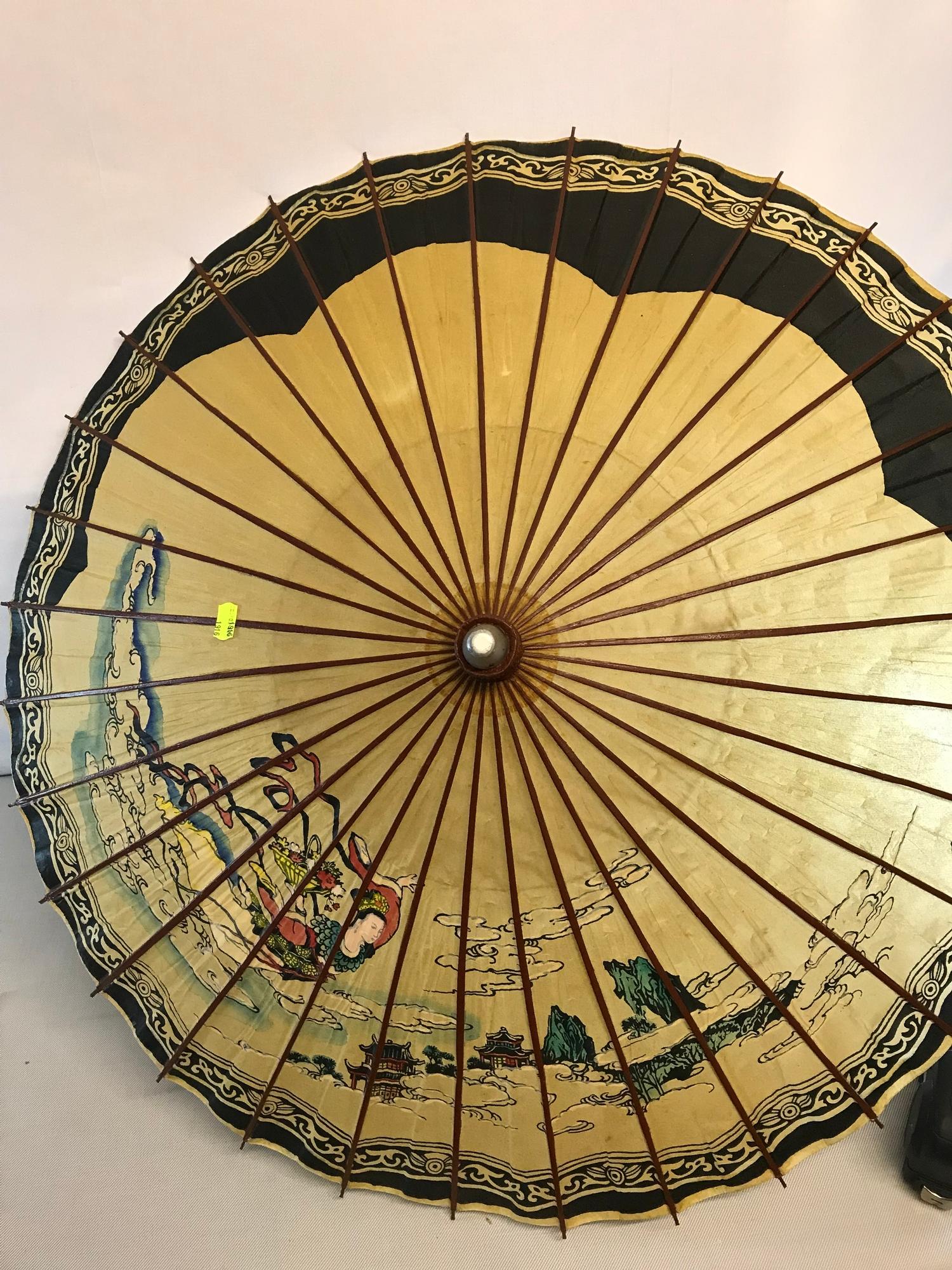 2 Oriental Parasols. One is hand painted with geishas and the other is embroidered with flowers,
