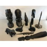 A Collection of hand carved Ebony wood busts, Animals and Dagger