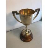 Victorian Birmingham silver large two handled trophy with hardwood stand. Makers Elkington & c.