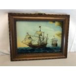 Painting of a ship done on glass within a solid wood frame. Measures 22x28cm (Frame size)