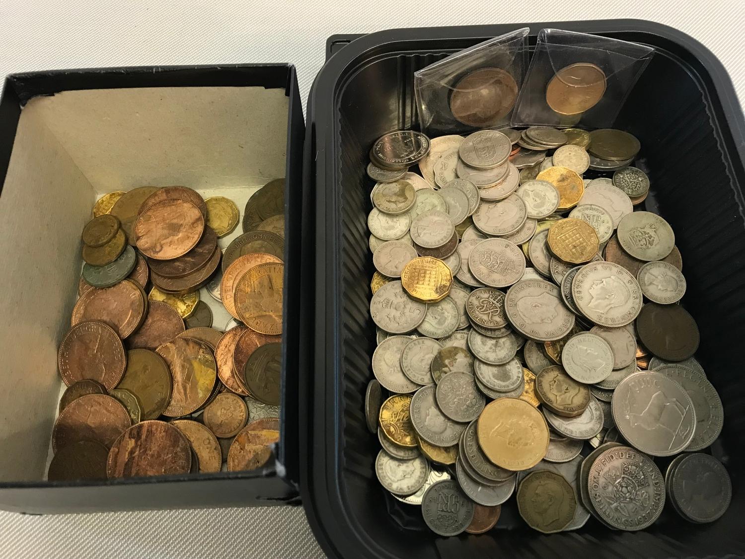 2 Tubs of British silver and decimal coins together with various foreign coins