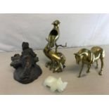 Heavy Brass horse figure, Brass bird figure, Hobo on a bench figure & Hardstone elephant carving