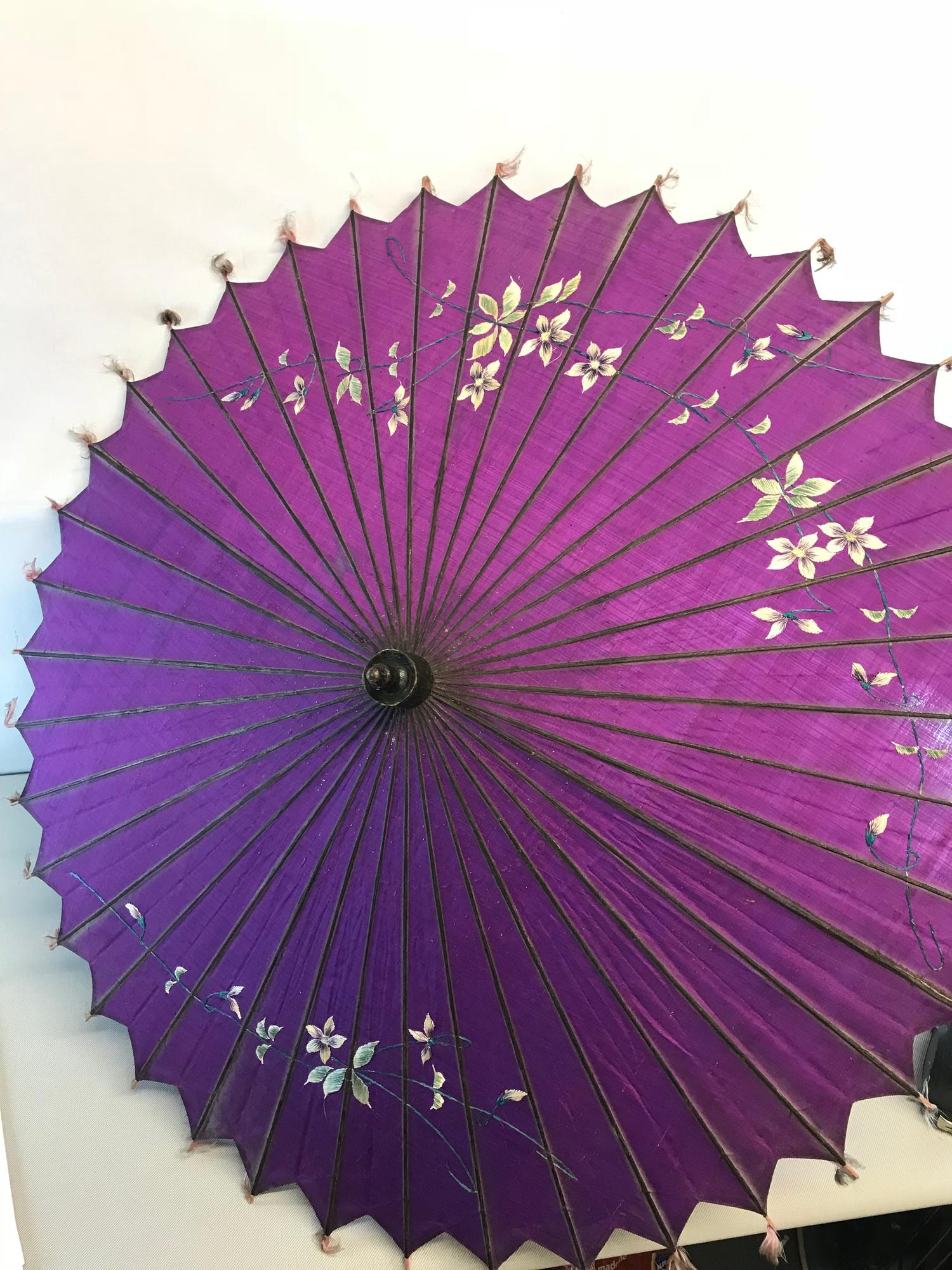 2 Oriental Parasols. One is hand painted with geishas and the other is embroidered with flowers, - Image 2 of 3