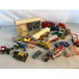 Box full of playworn, Corgi, Dinky & Britains tractors etc