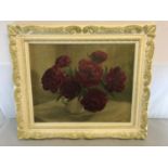 William Mackenzie still life oil painting on canvas titled "Peonies" within a fitted ornate frame.