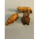 3 Animal carved Netsuke figures, all signed to the bases