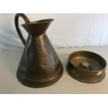 Military Trench art brass shell ashtray with silver coin to the centre, together with copper jug.