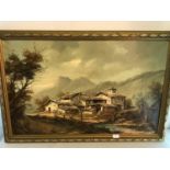 Large oil painting of village and mountain landscape by Lucas. fitted within a gilt frame. Picture