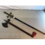 Masonic temple replica axe & sword with scabbard.