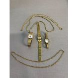 9ct gold curb necklace, 3 Gold plated watches and 2 gold plated chains