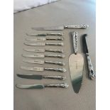 Sheffield silver handled knife set with matching cake knife & 2 others