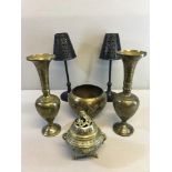 A Collection of Far eastern brass wares depicting ornate foliage, Brass 3 foot censor pot with