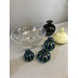 Large crystal fruit bowl (Waterford) 3 Murano hand blown bud vases, Onyx preserve pot with lid and