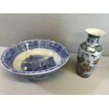 Large Victorian blue and white wash bowl titled " Wild Horses" together with oriental vase