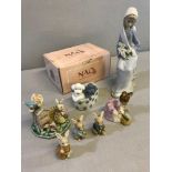 Beswick "Hunca Munca sweeping" figure, Nao dog figure & Lladro lady with flowers figure. Together