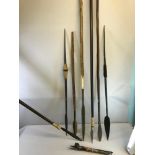 A Collection of 7 Tribal spears and 3 tribal items