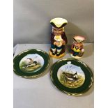 2 Spode hand painted plates Titled "Game Birds Lapwing" painted by W E Hall. together with 2