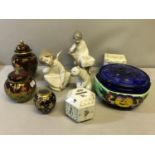 A Collection of porcelain which includes, 3 Lladro figures, 2 Carlton ware lidded pots, Limoge vase,