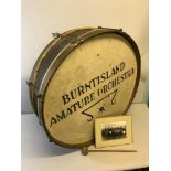 Burntisland Amateur Orchestra drum, complete with beater and together with original black and