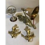 A Vintage cutty Sark brass wall hanging bell, 2 anchor candle holders & compass