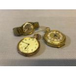 Bader Ltd swiss alarm clock pocket watch, 10ct gold plated pocket watch and gents watch