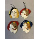 4 Moorland pottery hanging, Art Deco lady wall masks