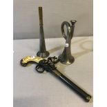 Replica flint lock pistol and two small horns