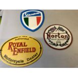 3 Cast metal advertising signs "Vespa, Norton & Royal Enfield"
