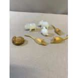 A small lot to include, moonstone glass animal figurines, 3 hand carved mice & a fossil