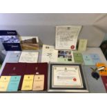 A Collection of Rolls Royce Certificates, 2 Red souvenirs albums 1949 Rolls Royce booklet,