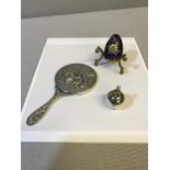 Sheffield silver teddy sitting on a ball, Danish white metal ornate mirror and small gilt metal