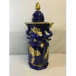 Large Masons Ironstone Mazarine Blue 2 handled temple jar with lid. Styled with gilt butterflies and