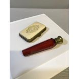 Victorian Ruby glass perfume bottle with brass top, Together with a Victorian ladies purse.