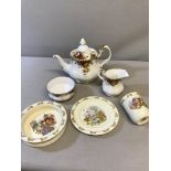 Royal Albert old country roses tea pot, sugar and cream together with 3 Pieces of Bunnykins