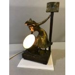 Bronzed spelter jester with drum lamp figurine. Working. Signed L Toilla. Stands 32cm in height