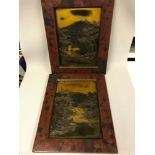 A Pair of Japanese lacquered pictures with fitted frames. Measure 45.5x36cm