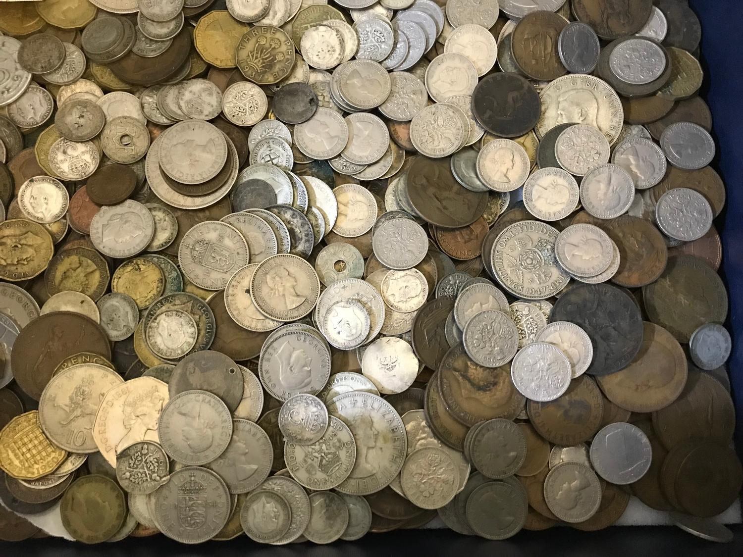 A Box full of mixed pre decimal coins. Includes silver three pence pieces, Half crowns etc - Image 3 of 5