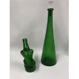 2 vintage green glass bottles/decanter