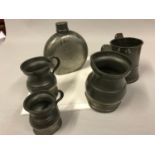 Antique military pewter flask, Together with 4 Antique pewter Half pints, Half Gills stamped with VR