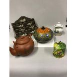 A collection of Oriental collectables which includes two lacquered items, Saki clay tea pot, 2 two