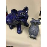 A Large blue glazed porcelain sitting pig figure together with studio pottery comical sitting owl