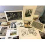 Artist portfolio full of old prints, etchings, watercolours and old Scotland map.