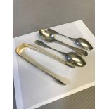 4 Georgian Silver table wares which consists of 3 tea spoons and sugar tongs. 101.83grams