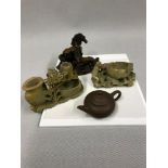 Small clay saki tea pot with signature to the base, 2 Oriental soapstone figures and resin horse