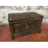 17th century Jacobean carved trunk/ chest. Has original lock and key. Measures 54x92x56cm