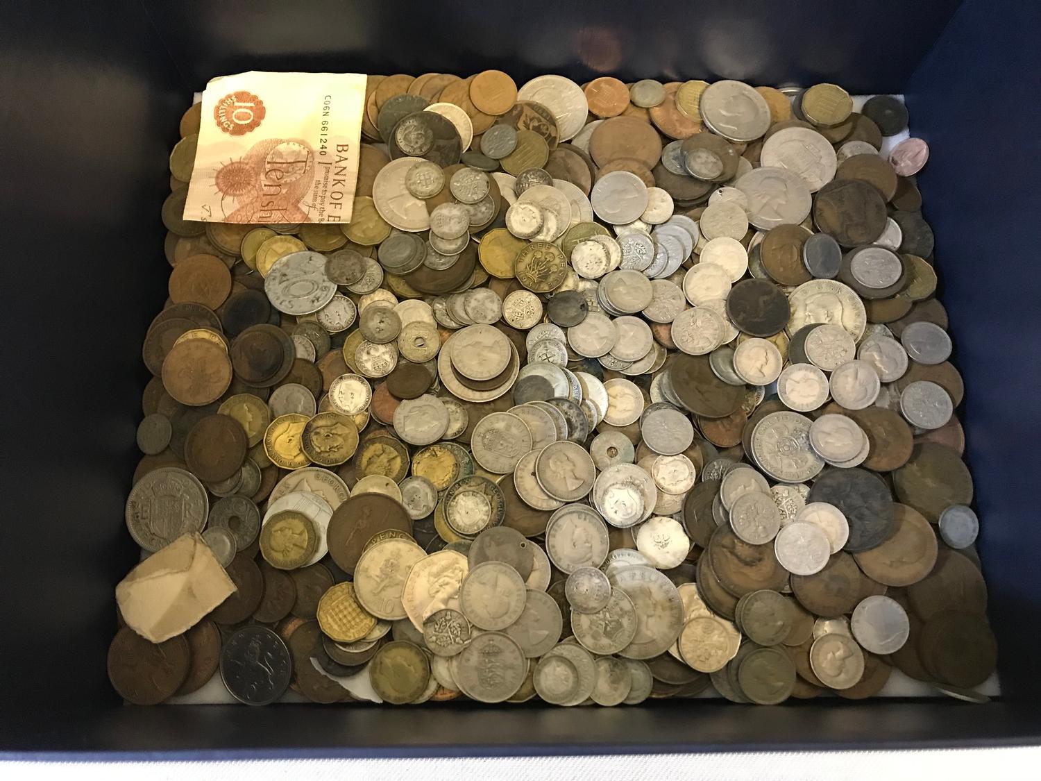 A Box full of mixed pre decimal coins. Includes silver three pence pieces, Half crowns etc