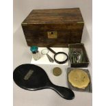 Mahogany & brass inlaid document box, Birmingham silver and enamel topped dressing table vessel pot,