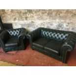 Green 2 seater chesterfield settee together with matching club chair.